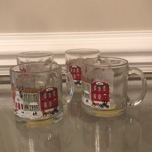 Libbey l Vintage Christmas Holiday Town Set of 4 Glass Mugs USA Like New!